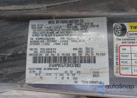 2012 Ford Fusion Sel from USA, damaged, VIN 3FAHP0CG7CR437883